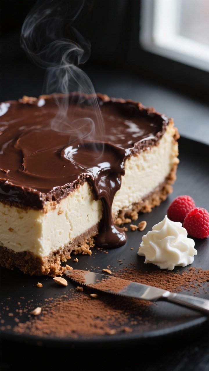 Close-up detail shot of a sliced Keto Chocolate Lava Cheesecake on a matte black dessert plate: the 