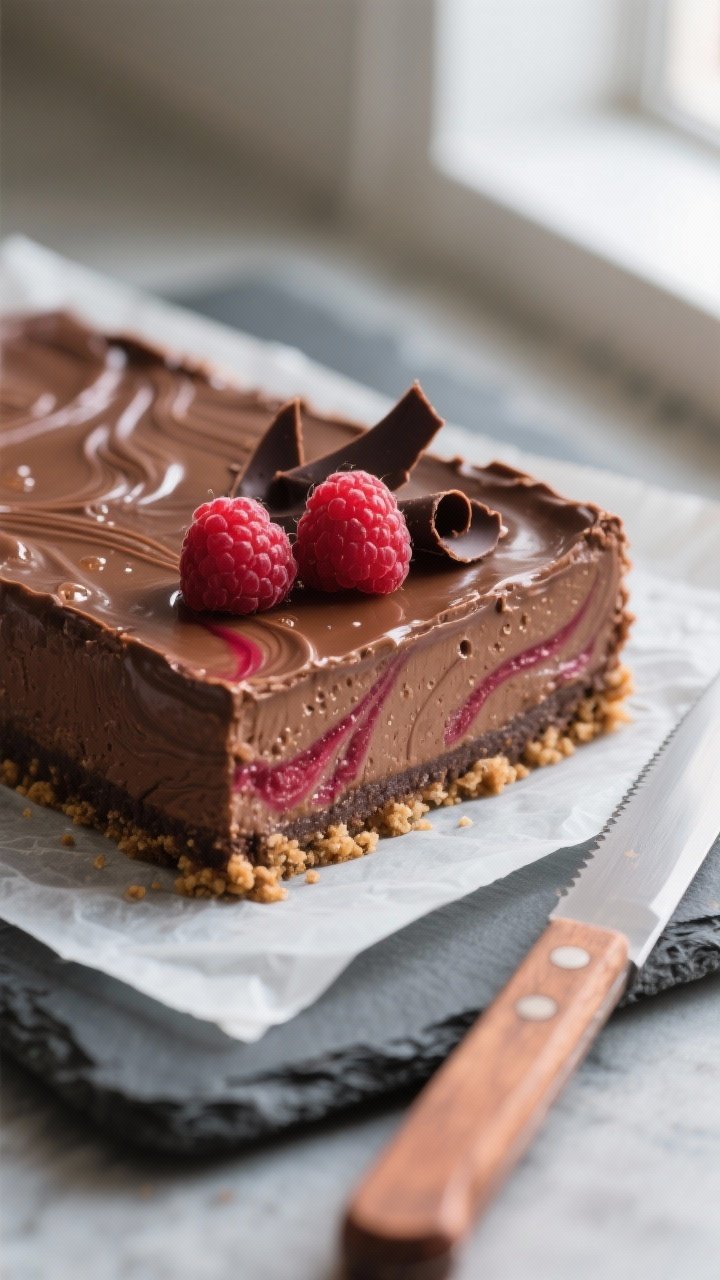 Close-up detail shot of a sliced Keto Raspberry Chocolate Cheesecake Bar just after chilling, showca