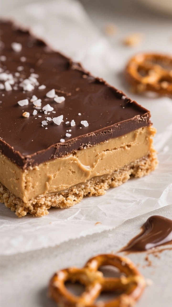 Close-up detail shot of a sliced no-bake peanut butter pretzel dessert bar on parchment, showing dis
