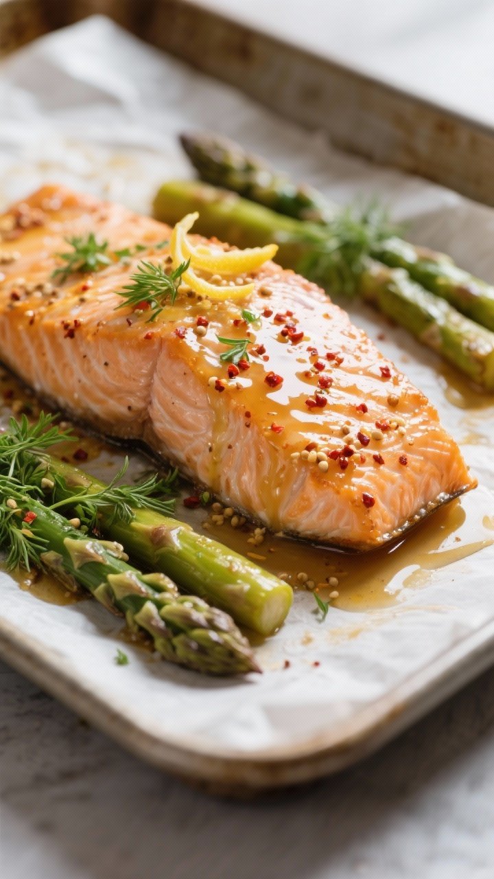 Close-up detail shot of baked honey mustard salmon just out of the oven, fillet glistening with a li
