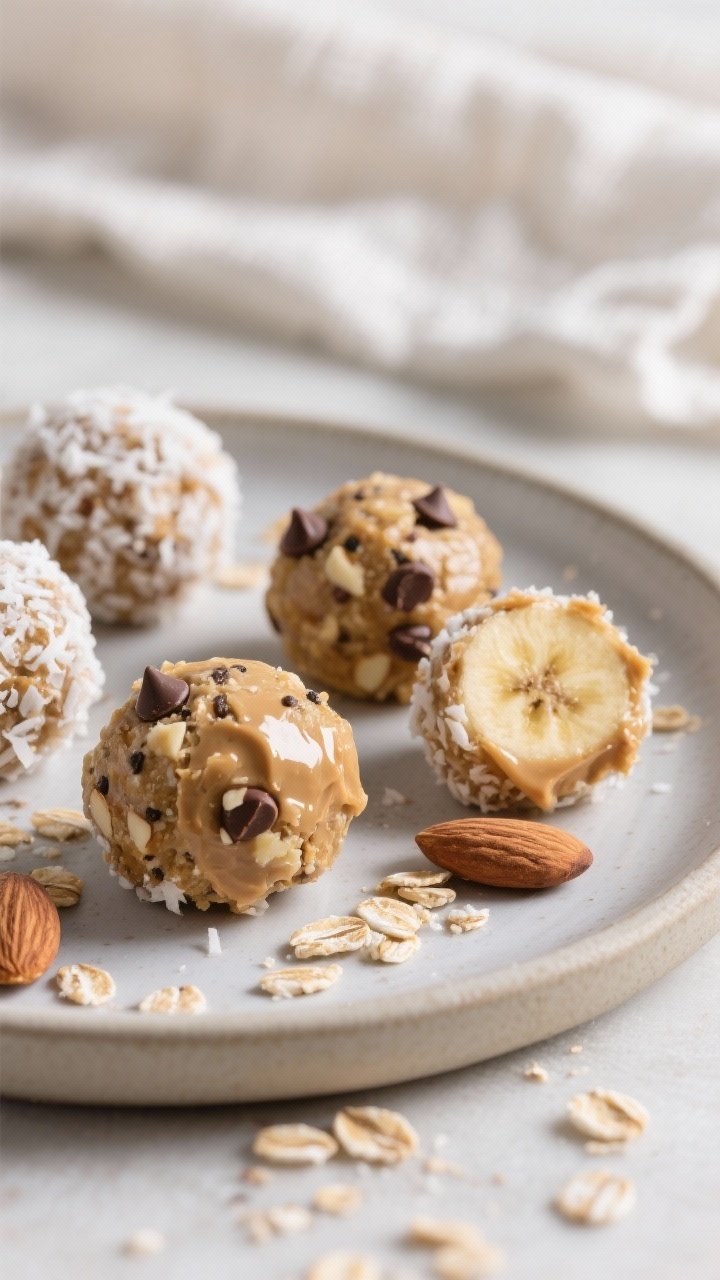 Close-up detail shot of Banana Oat Energy Bites right after rolling and optional coating: a few bite