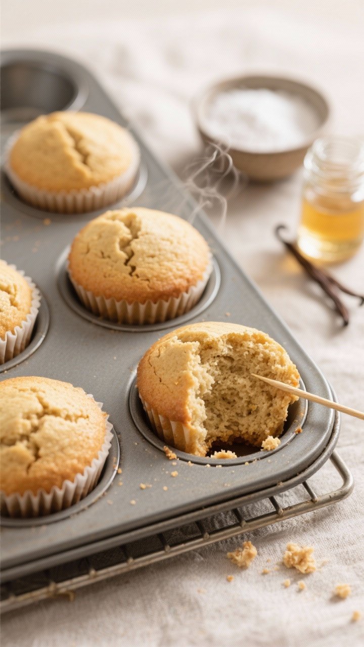 Close-up detail shot of freshly baked keto almond flour cupcakes just out of the muffin tin, no line