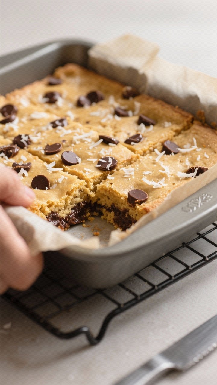 Close-up detail shot of freshly baked keto coconut chocolate chip blondies being lifted out of an 8x