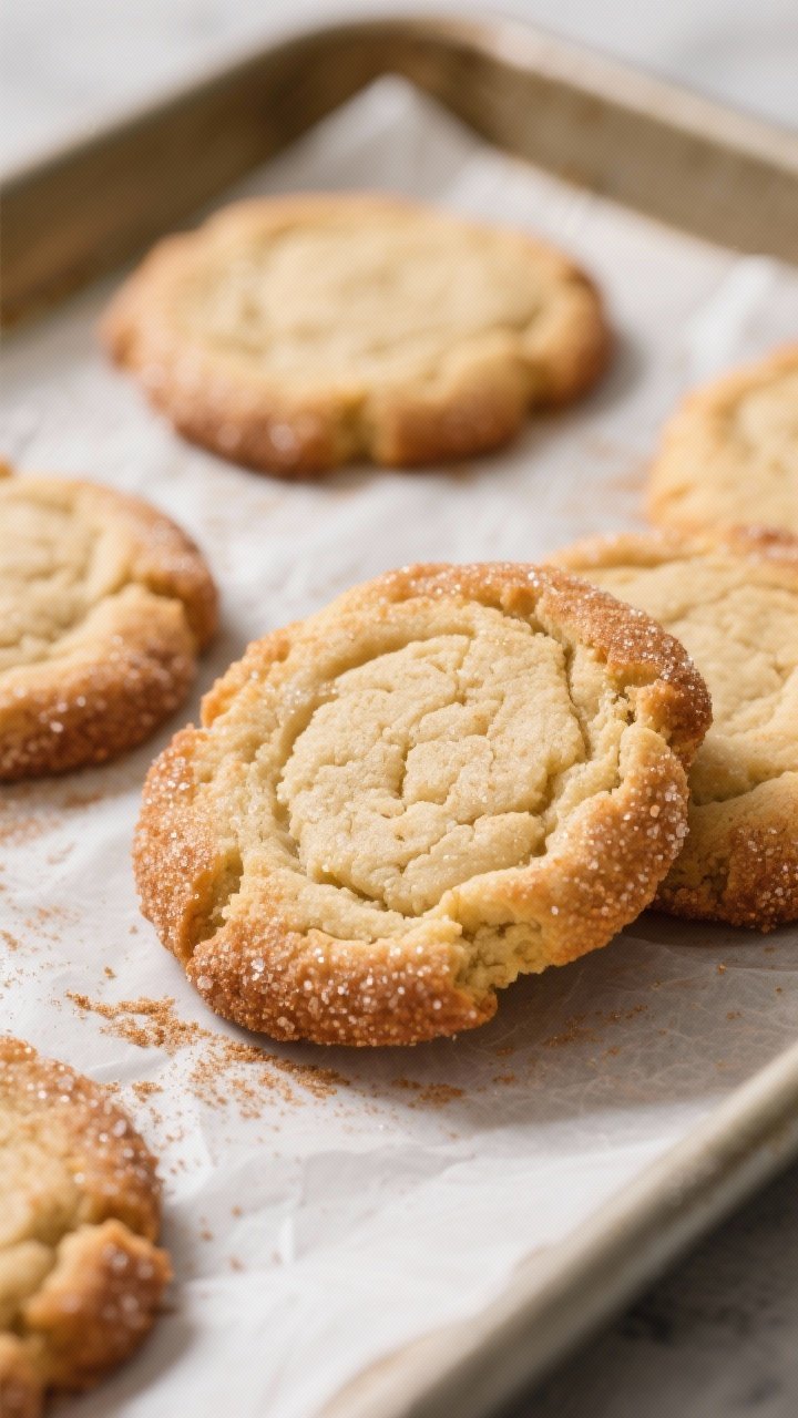 Close-up detail shot of freshly baked keto snickerdoodle cookies just out of the oven, still on a pa