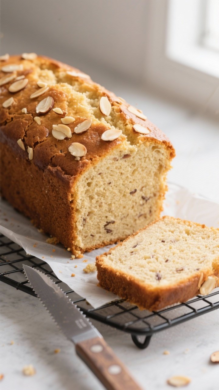 Close-up detail shot of freshly baked Keto Vanilla Almond Pound Cake cooling on a rack, loaf fully s