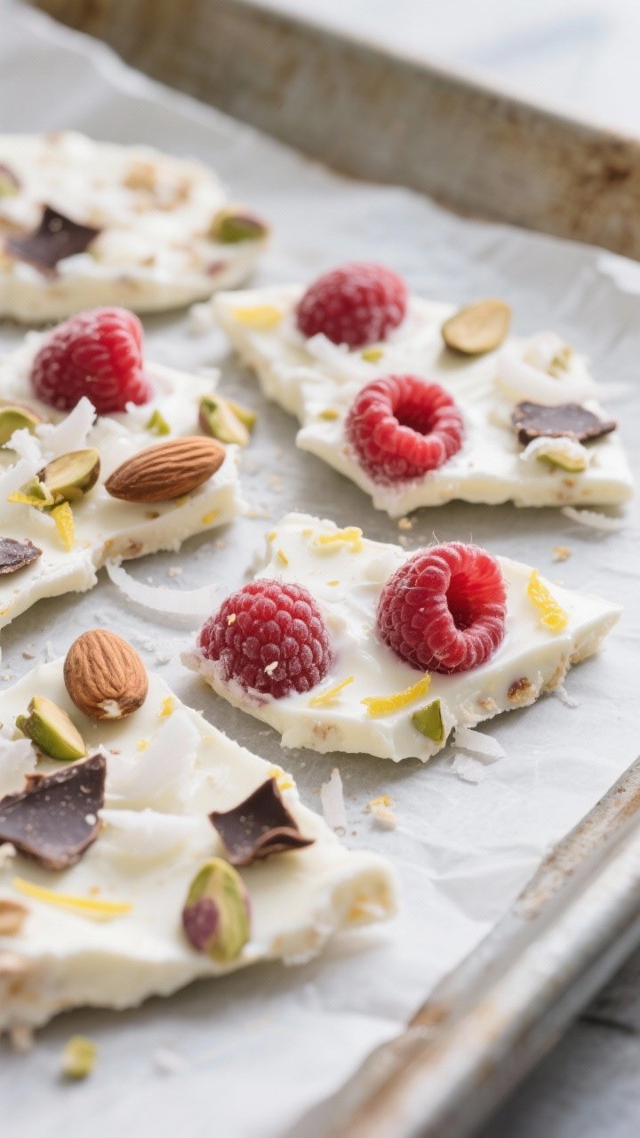 Close-up detail shot of freshly broken raspberry yogurt bark shards on parchment, showing creamy Gre