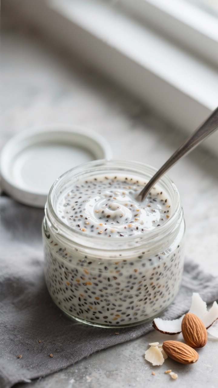 Close-up detail shot of freshly set keto chia seed pudding in a clear pint jar after the second stir