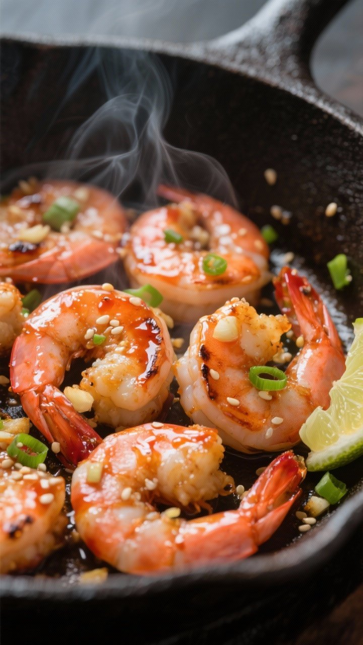 Close-up detail shot of Honey Sriracha Shrimp just after tossing in the skillet: plump, pink shrimp 
