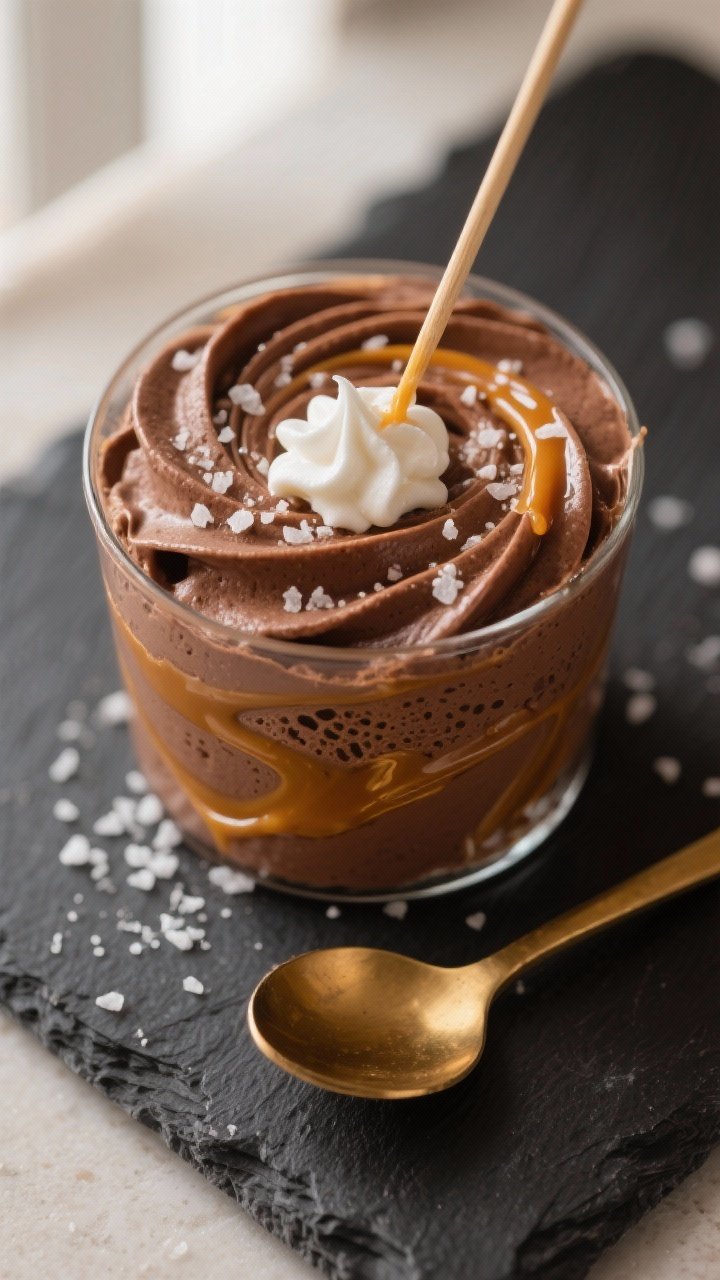 Close-up detail shot of keto salted caramel chocolate mousse being swirled: a glass dessert cup half