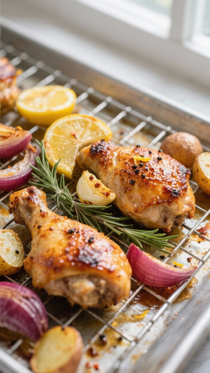 Close-up detail shot of lemon garlic roasted chicken thighs just out of the oven on a wire rack over