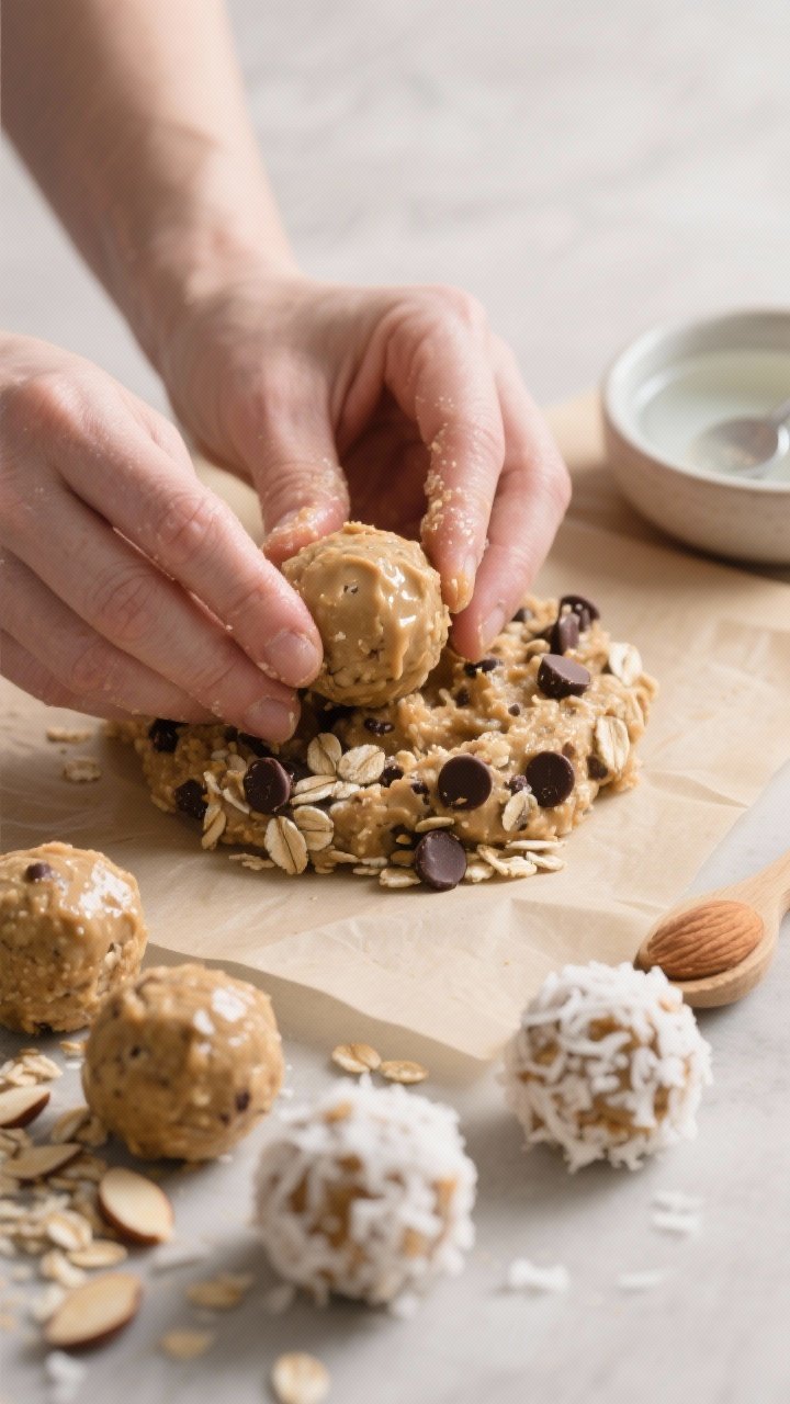 Close-up detail shot of no-bake almond butter energy balls being rolled between lightly damp hands o