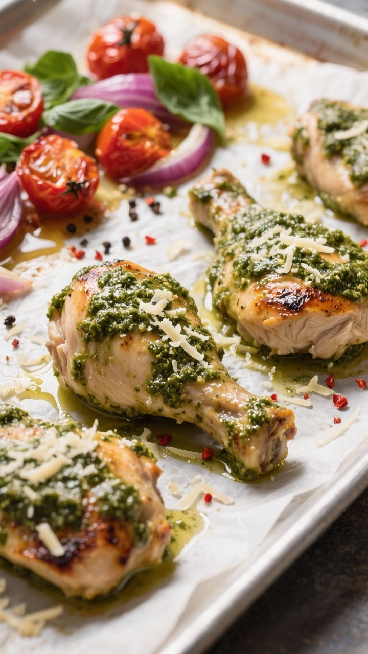 Close-up detail shot of pesto-coated chicken just out of the oven on a parchment-lined sheet pan at 