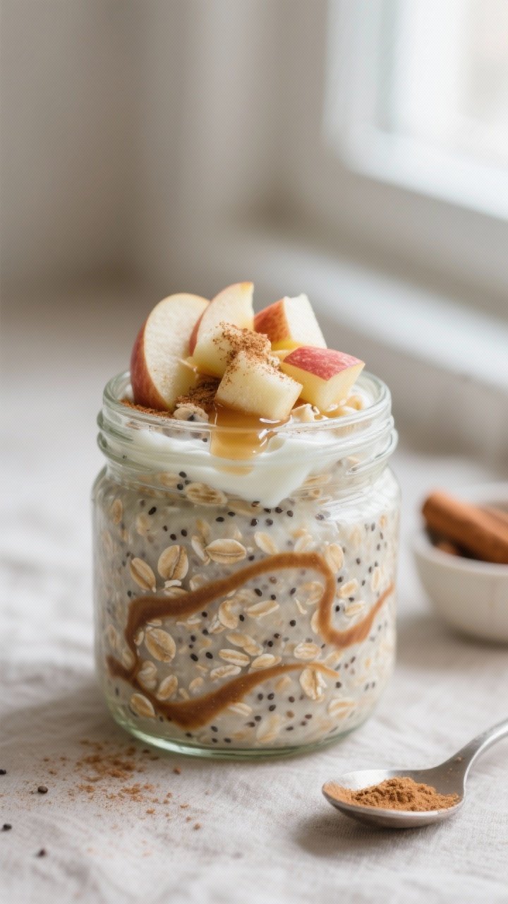 Close-up detail shot of prepared apple cinnamon overnight oats scooped into a 12–16 oz glass jar: 
