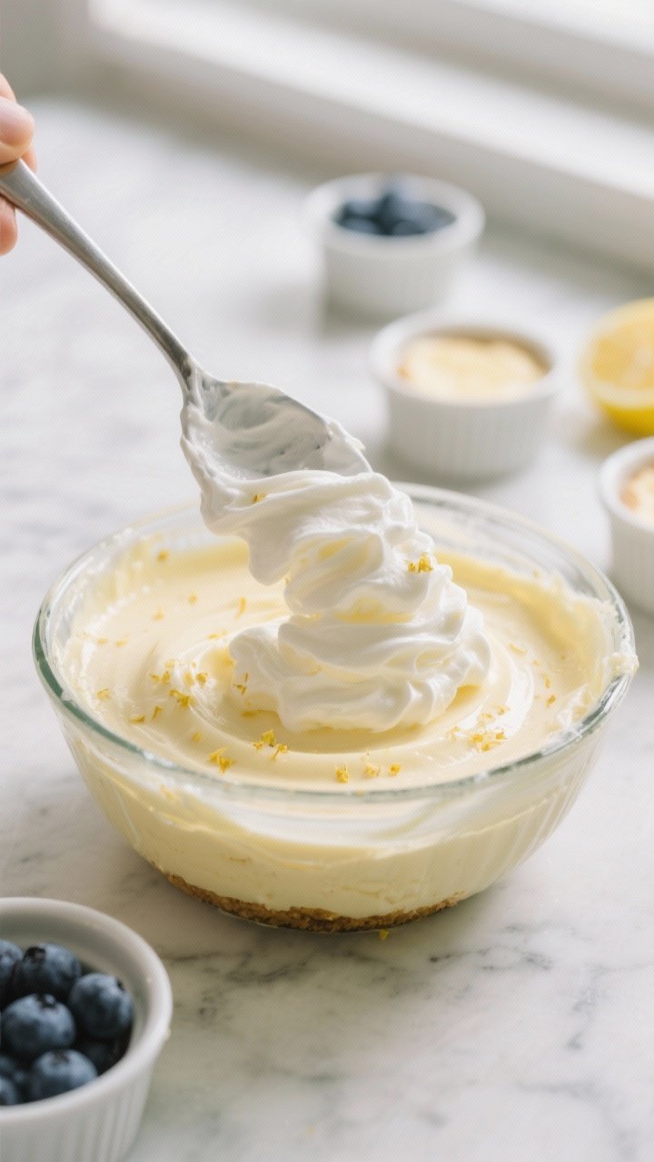 Close-up detail shot of prepared Keto Lemon Blueberry Cheesecake Cups during assembly: a spoon gentl