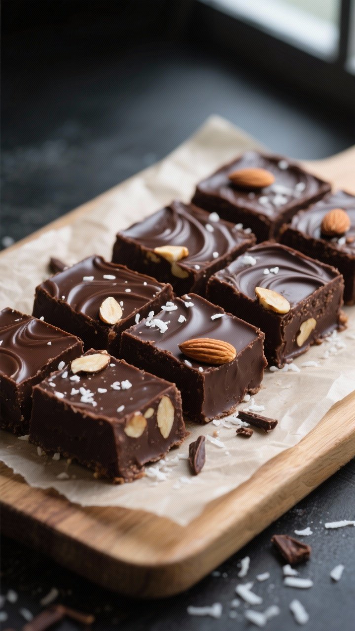 Close-up detail shot of sliced Keto Dark Chocolate Almond Fudge Squares just after chilling, arrange