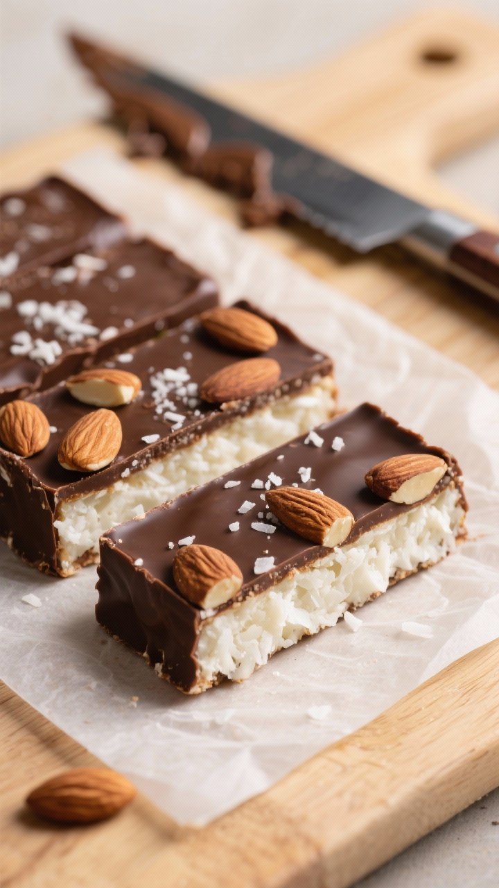 Close-up detail shot of sliced no-bake Almond Joy bars on a parchment-lined cutting board, showing a