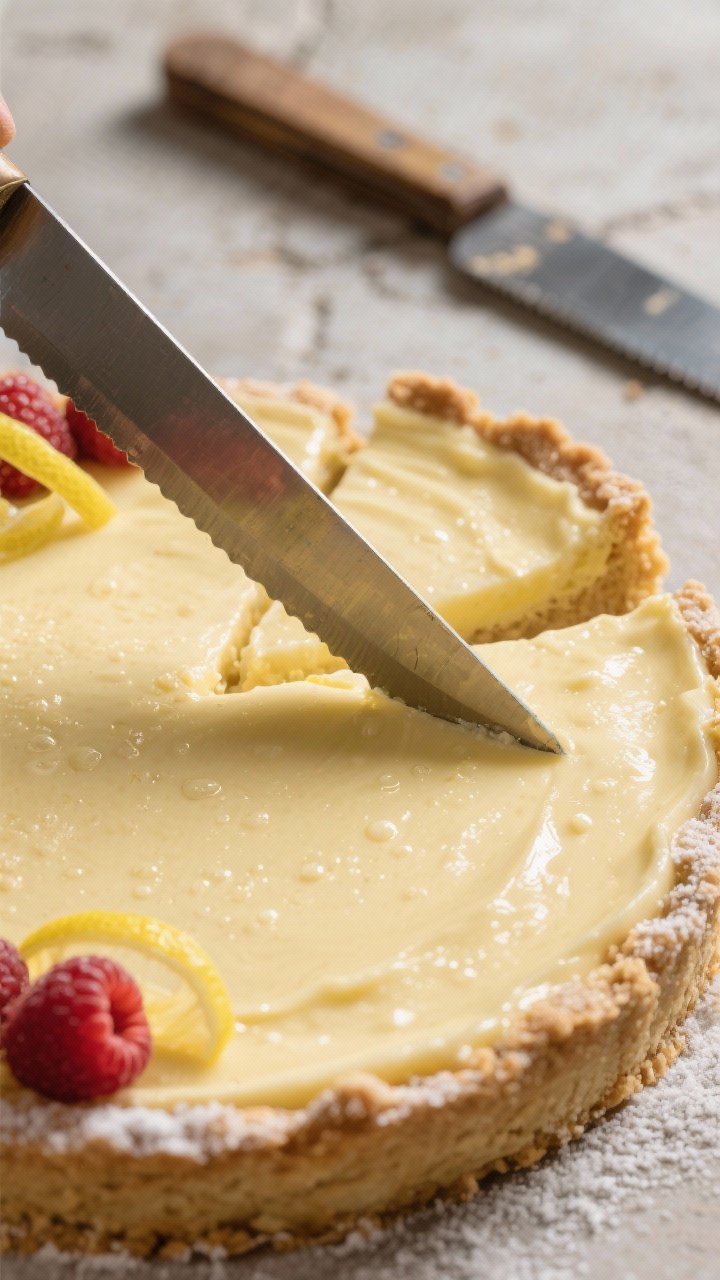 Close-up detail shot of the chilled Keto Lemon Cream Tart being sliced for the first time: a hot, dr