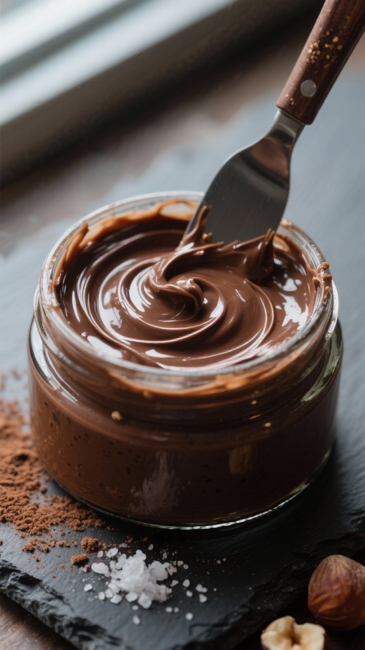 Close-up detail shot of the finished keto chocolate hazelnut spread being swirled glossy-smooth with