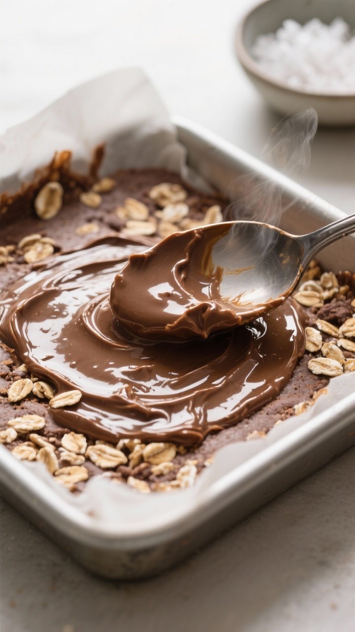 Close-up detail shot of the pressed mocha oat base being smoothed into a parchment-lined 8x8-inch pa