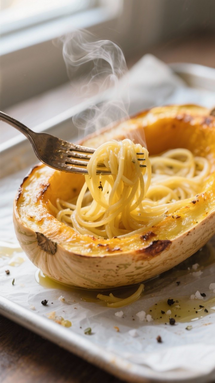 Close-up detail shot: Roasted spaghetti squash strands being pulled into tender, golden ribbons with