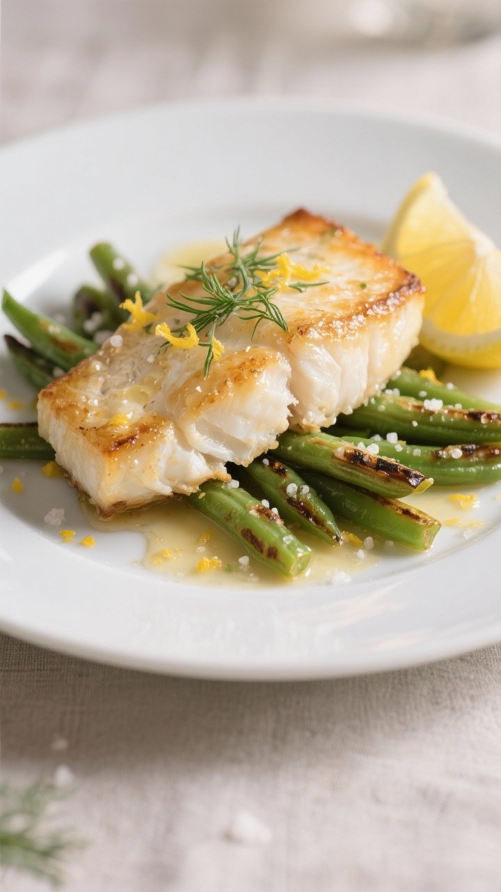 Close-up final plate of Baked Cod with Lemon and Green Beans: a thick cod fillet flaking apart under