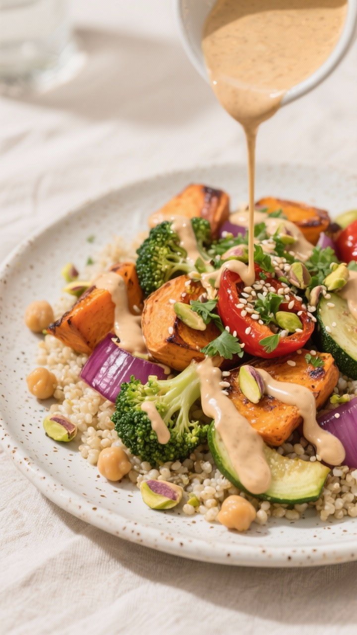 Close-up final plate of roasted veggies over fluffy quinoa, generously drizzled with pourable, gloss