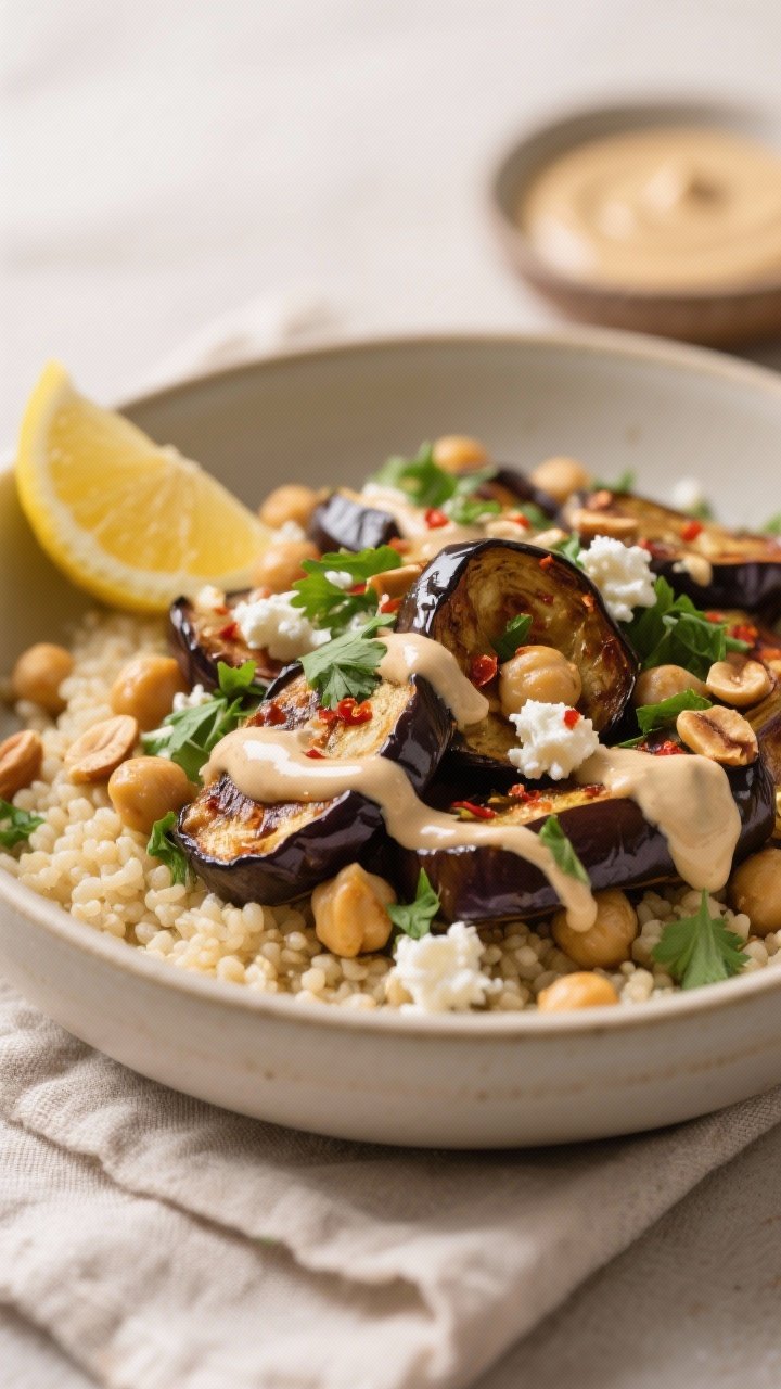 Close-up, final plated bowl of Eggplant & Chickpea Sheet Pan Dinner served over fluffy couscous: cre