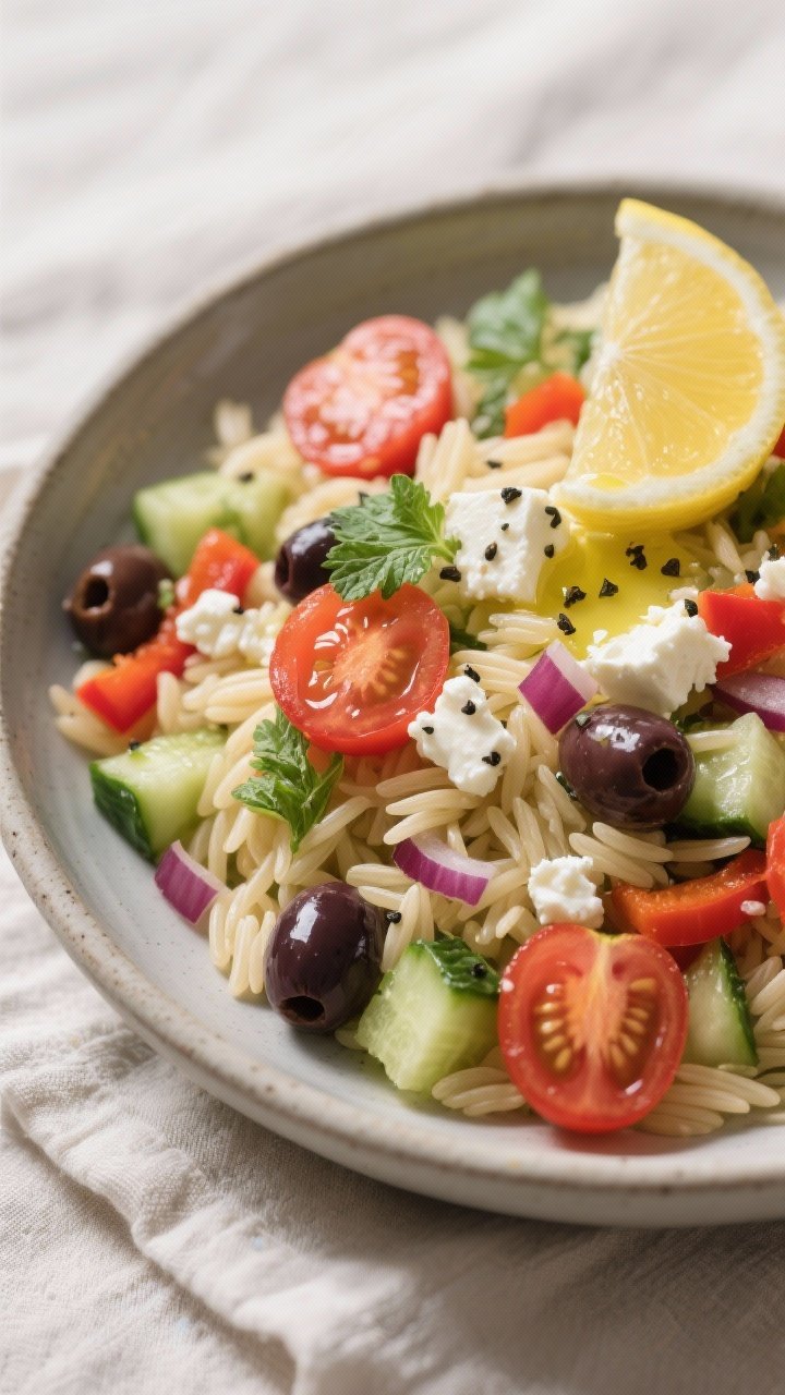 Close-up final presentation of Mediterranean Orzo Salad plated as a light main: tender orzo folded w