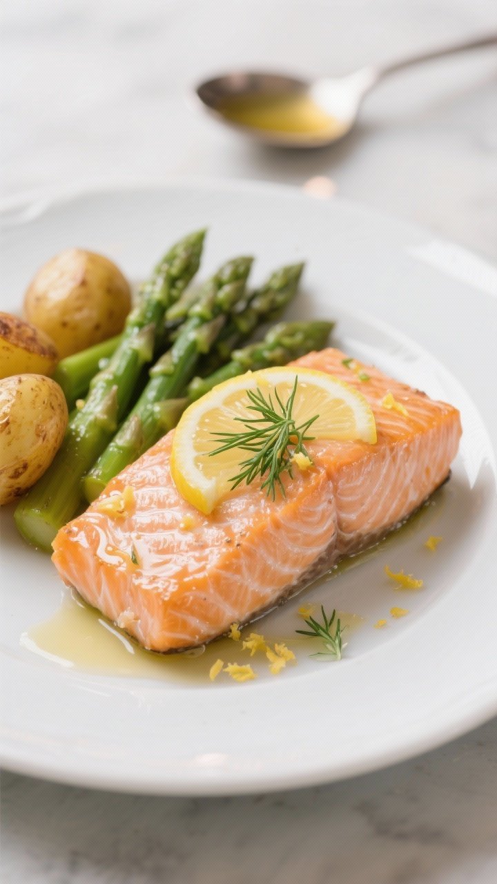 Close-up plated presentation of a single salmon fillet on a white ceramic plate, tender flakes visib