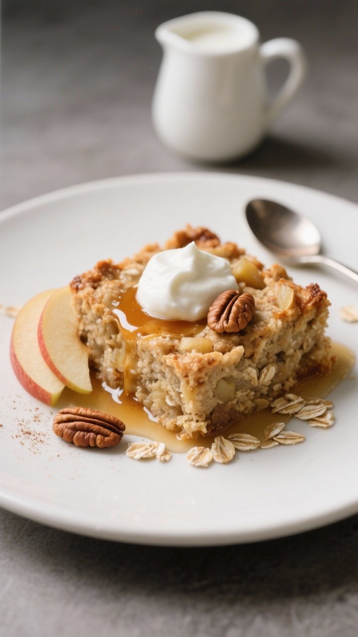 Close-up plated square of cinnamon apple baked oatmeal served warm on a matte white plate, topped wi