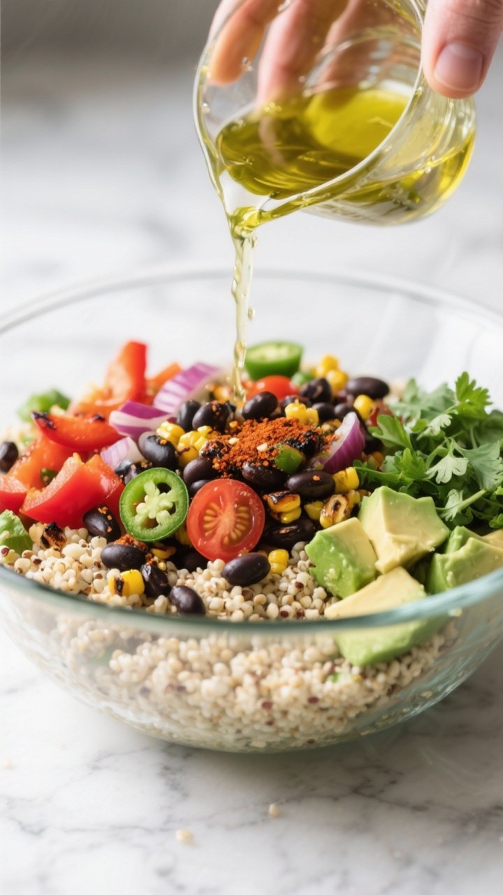 Close-up process detail: a large glass mixing bowl filled with cooled, fluffy quinoa as the base whi