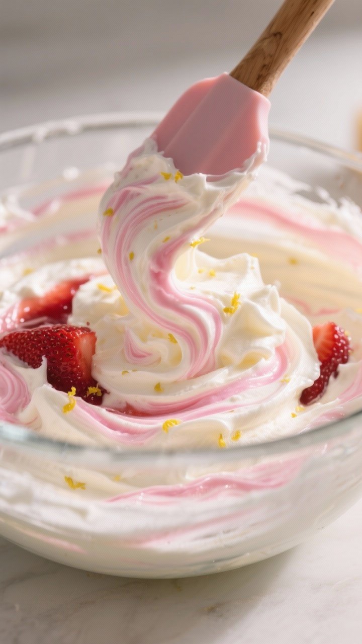 Close-up process detail of the whipped cream cheese–butter–coconut oil mixture as the strawberry