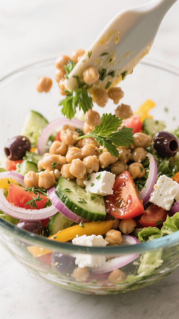 Close-up, process-detail shot of the finished salad being gently tossed in a large glass mixing bowl