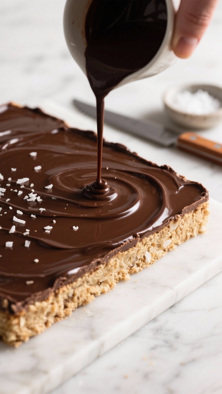 Close-up process shot: A chilled 8x8 slab of keto coconut-almond base being topped with a glossy, fr