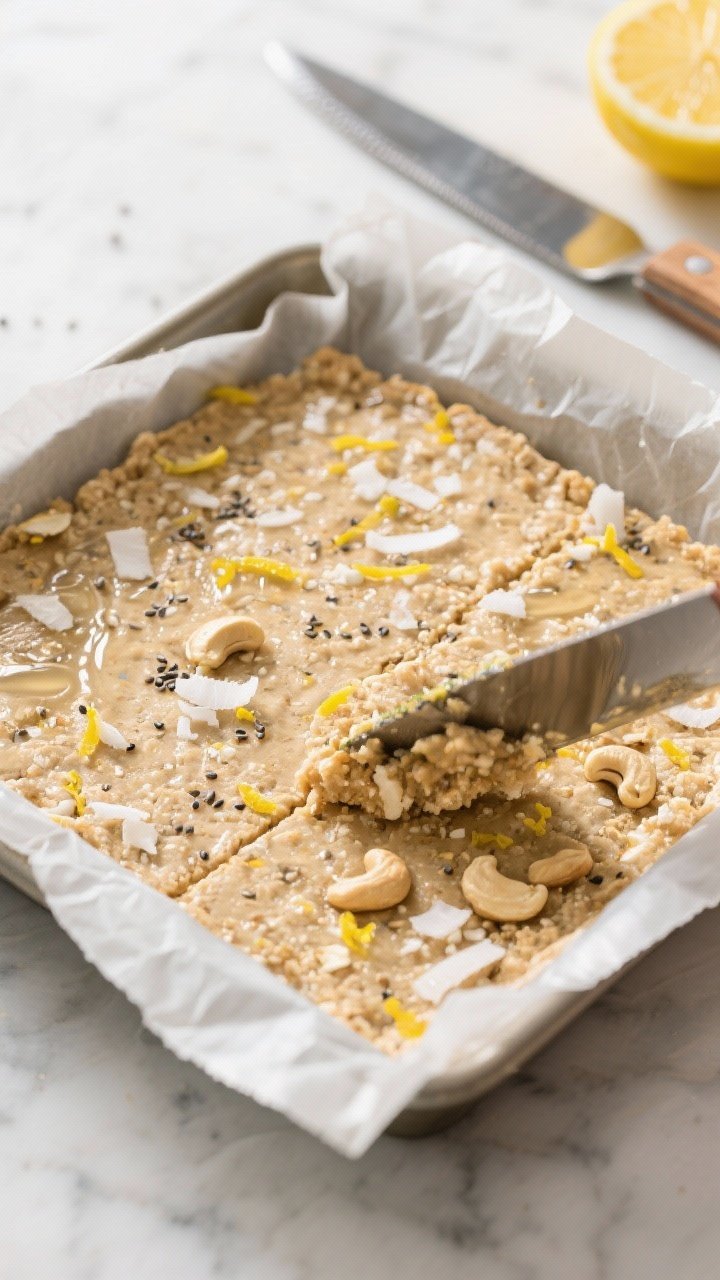 Close-up process shot: No-bake lemon coconut energy bar mixture being firmly pressed flat and even i