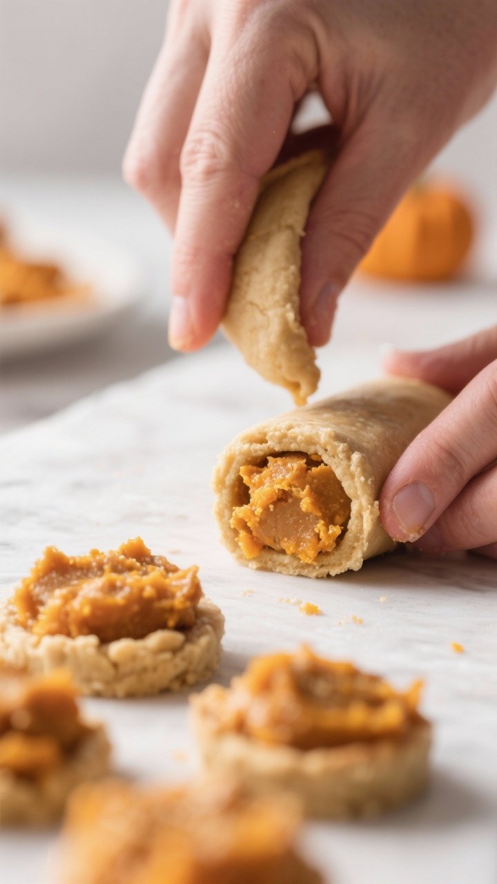 Close-up process shot: No-bake pumpkin pie bite mixture being rolled into 1–