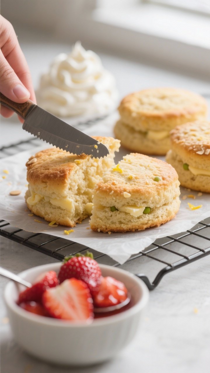 Close-up process shot of freshly baked keto shortcakes being split with a serrated knife on a parchm