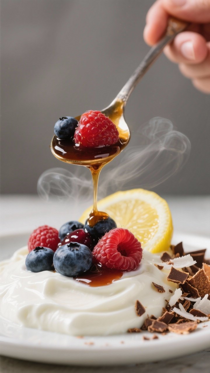 Close-up process shot of the “Warm Berry Sauce” variation being spooned over cold Greek yogurt: 