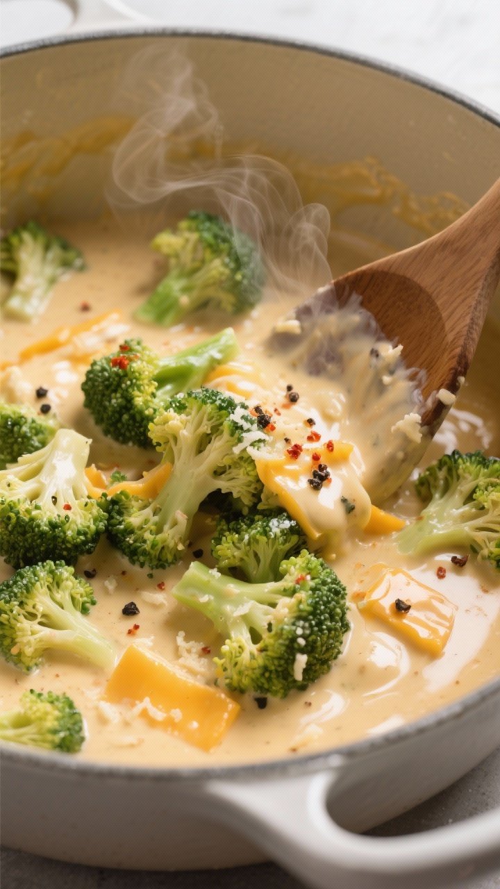 Close-up process shot of the cooked broccoli being folded into the silky cheese sauce in a enameled 