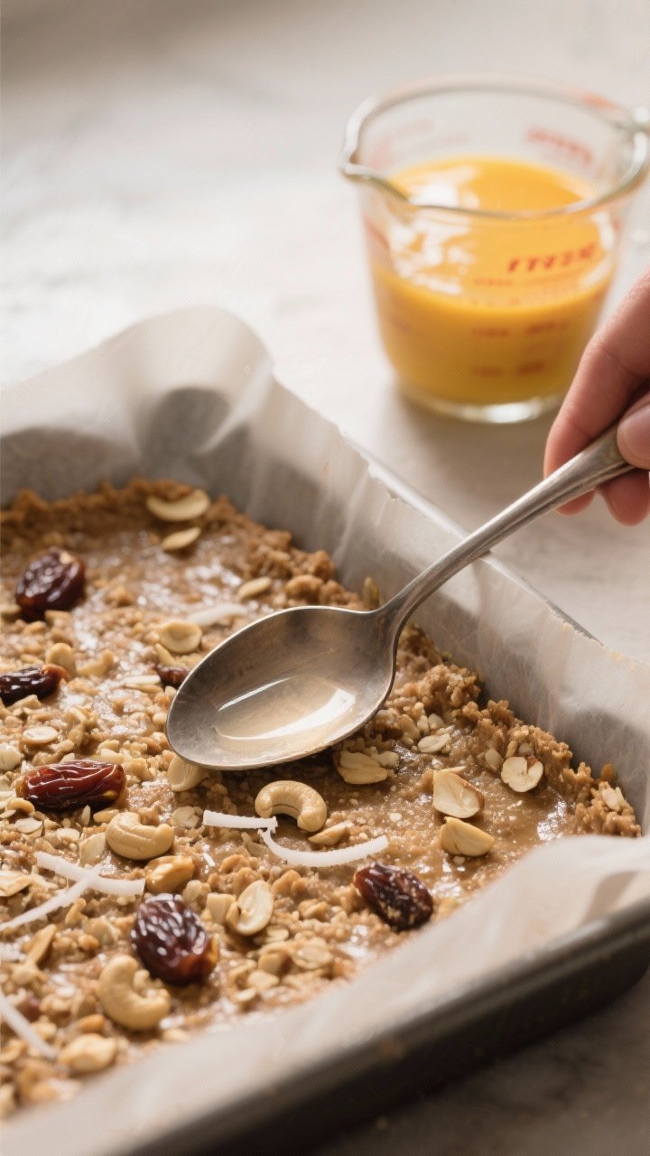 Close-up process shot of the pressed base in the lined pan being smoothed with the back of a spoon o