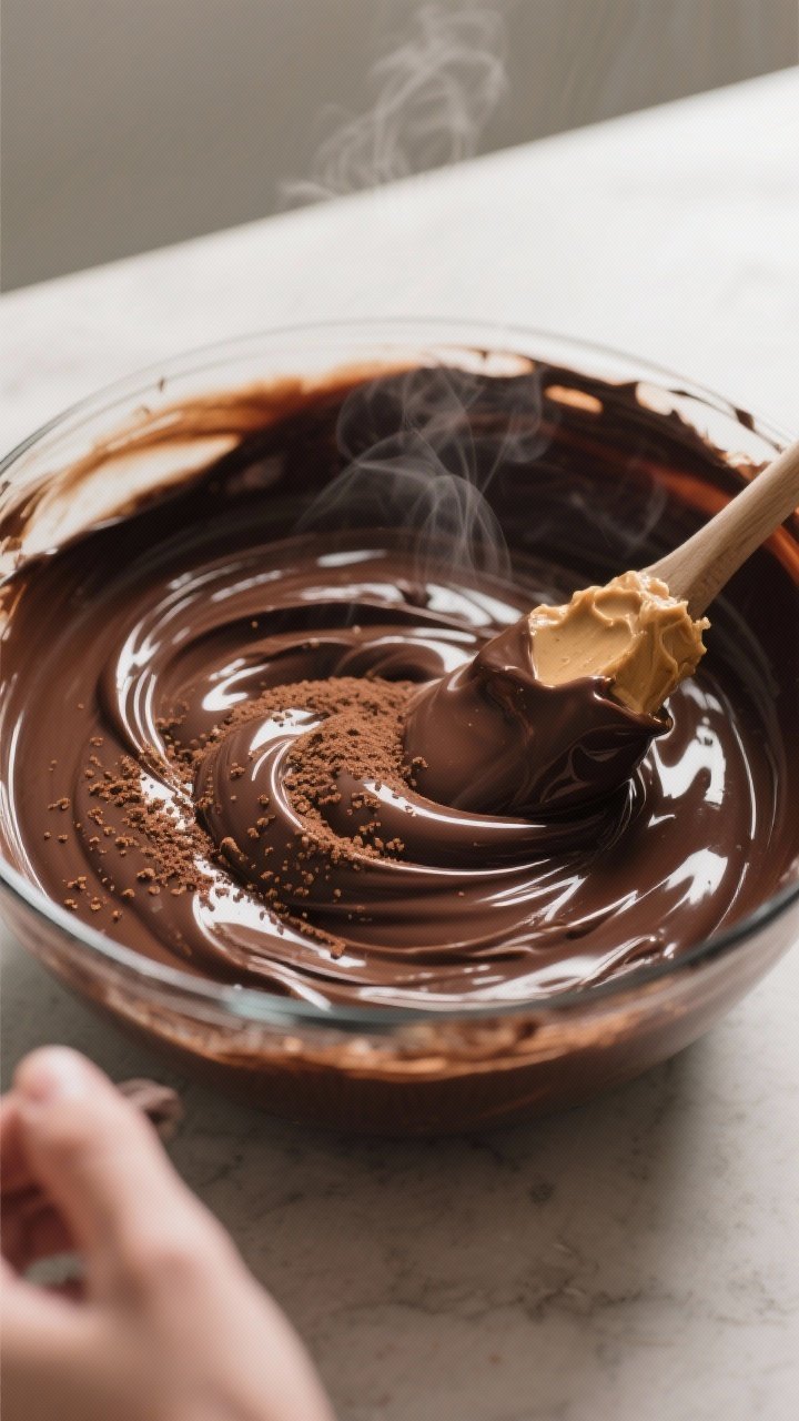 Close-up process shot of the warm, melted chocolate–coconut oil base just stirred together with al