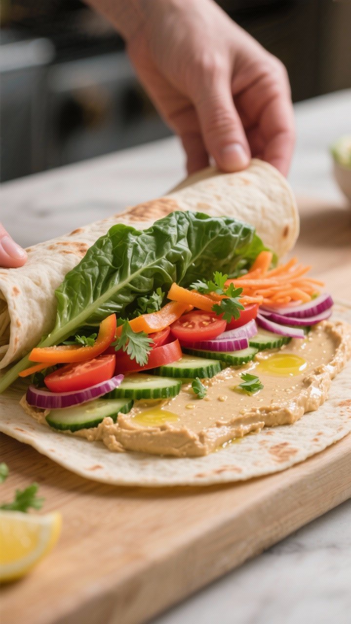 Close-up process shot of the wrap being assembled on a warm spinach tortilla: a smooth, even layer o