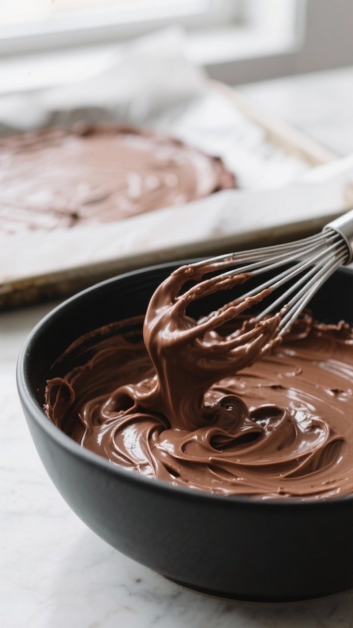 Close-up process shot: Silky chocolate cheesecake mixture being whipped to a fluffy, uniform texture