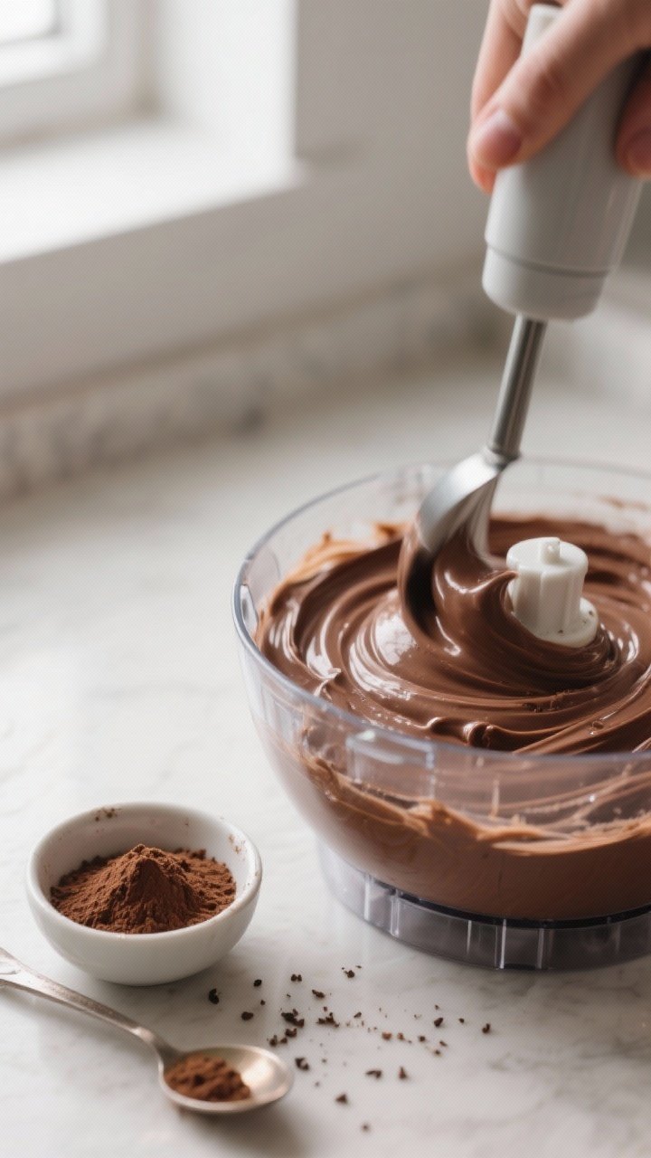 Close-up process shot: Silky keto chocolate avocado pudding being blended to a glossy, mousse-like t