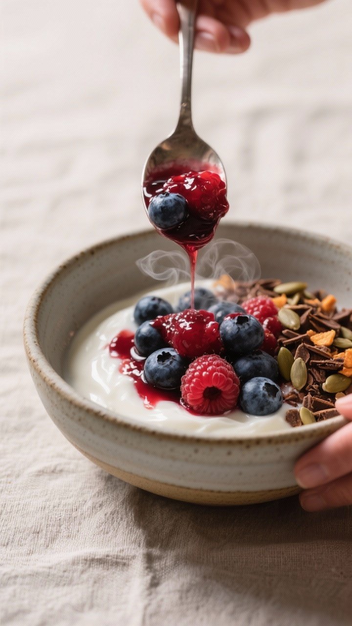 Close-up process shot: warm berry compote being spooned over thick Greek yogurt in a ceramic bowl—