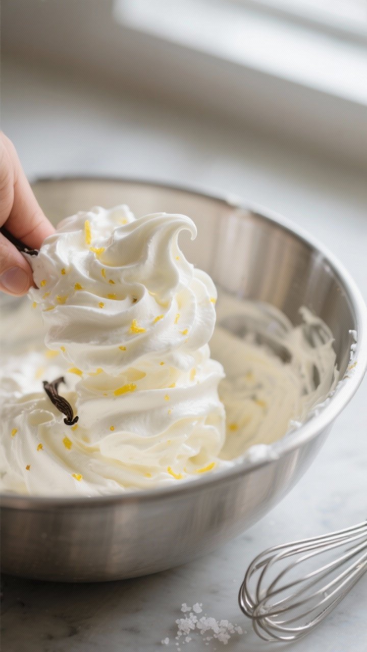 Close-up process shot: whipped keto cream being folded together with silky, room-temperature cream c
