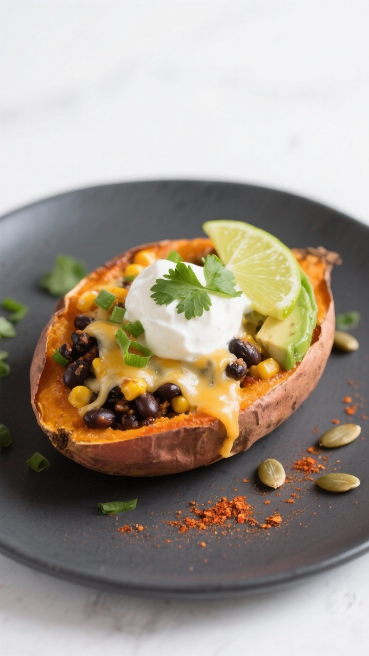 Close-up, restaurant-quality plated final dish: a single loaded baked sweet potato on a matte charco
