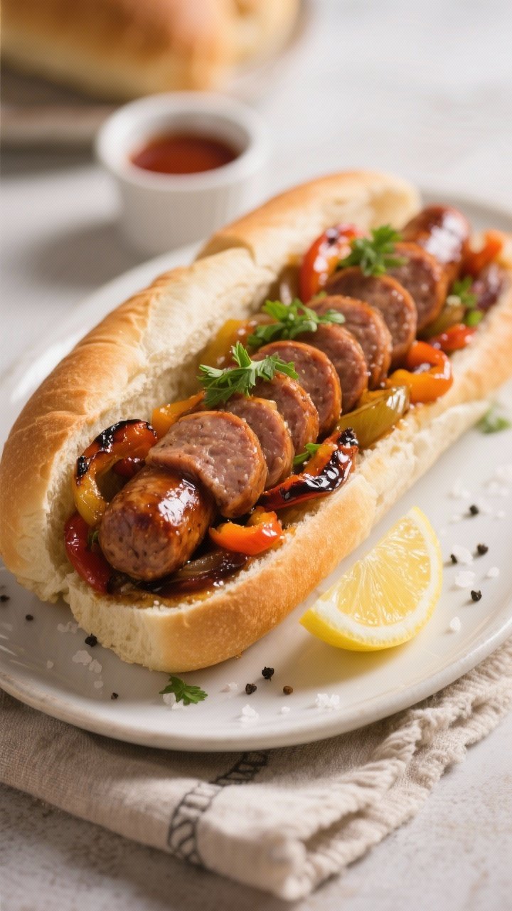 Close-up, shallow depth-of-field final presentation of sausage-and-peppers hoagie: sliced juicy saus