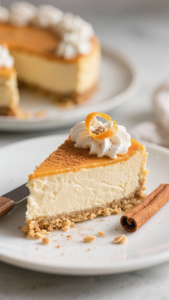 Close-up, three-quarter angle of a plated slice of Keto Pumpkin Spice Cheesecake on a matte white de