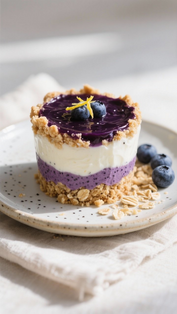 Close-up three-quarter angle of a single unwrapped crumble cup on a small ceramic plate: focus on la